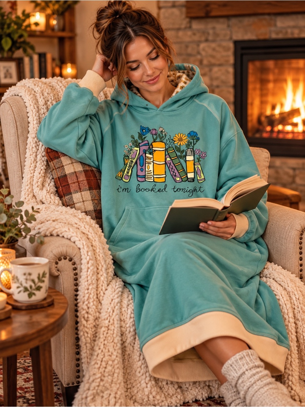 Lazy One “I’m Booked Tonight” Teal Book Lover Sweatshirt, Size L/XL
